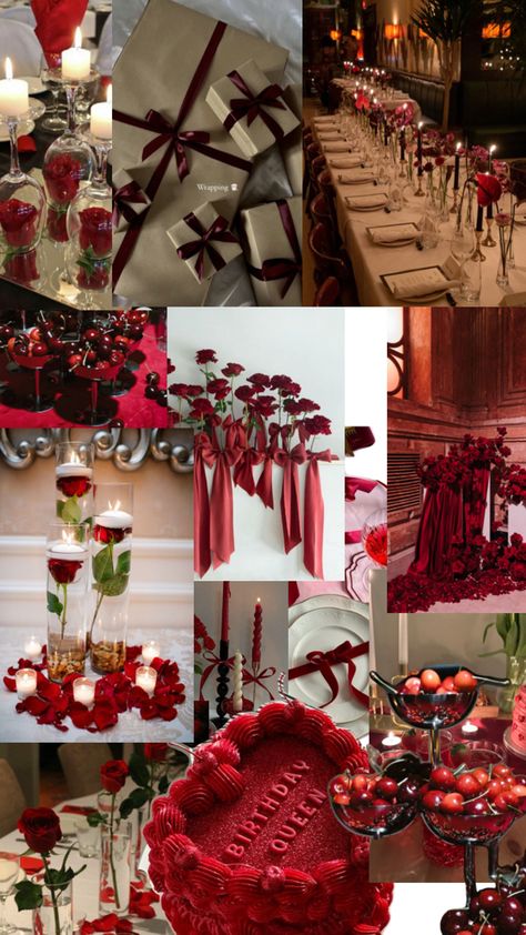 Lady In Red Birthday Theme, Ruby Red Birthday Theme, Red Birthday Ideas For Women, Red Rose Themed Birthday Party Decorations, Twenty Ate Birthday Theme, Burgundy Theme Party, Burgundy Dinner Party, Sweet 16 Valentines Theme, Wine Red Birthday Theme