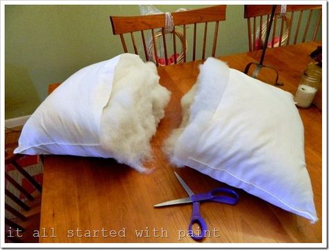 Cut n inexpensive pillow in half to make a new pillow form. Push stuffing out of your way as you stitch up the open end. Add a cover. Make Your Own Pillow, Diy Throw Pillows, Diy Pillow Covers, Pillow Crafts, Cheap Bedding, Homemade Art, Old Pillows, Wink Wink, Crochet Pillows