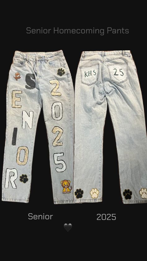 Senior jeans crafts, make your own jeans Senior Homecoming Jeans, Hoco Jeans Painted, Homecoming Jeans, Senior Painted Jeans, Senior Pants, Senior Jeans, Senior Homecoming, Pants Ideas, College Vision Board