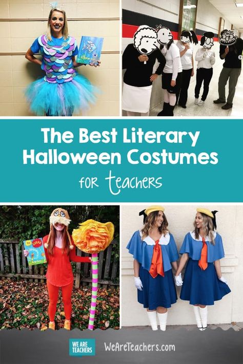 The Spookiest, Best Halloween Costumes Based on Books Fictional Character Spirit Day, Kevin Henkes Costumes, Adult Book Costume, Career Day Teacher Costume, Storybook Costumes For Adults, Storybook Group Costumes, Big Nate Costume, Simple Book Week Costumes For Teachers, Dress As Book Character Teacher