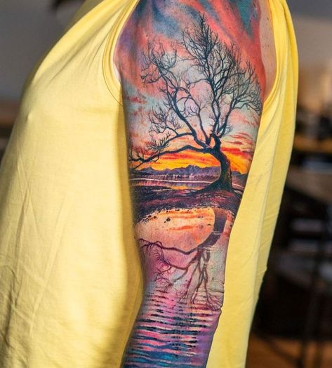 Watercolor Landscape Tattoo, Sky Tattoos For Women, Waterfall Tattoos, Nature Sleeve, Wilderness Tattoo, Watercolor Tattoo Sleeve, Colorful Sleeve Tattoos, Hummingbird Drawing, Nature Tattoo Sleeve