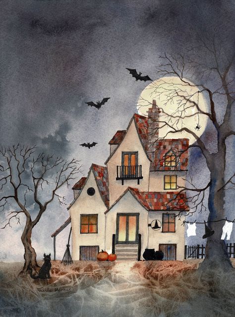 Whimsical House Print From My Original Watercolour Painting, Witch House for Halloween Fun, Whimsical Art Gift, Witch Painting, Spooky House - Etsy Witch Cauldron Painting, Cozy Cottage Art, Woodland Witch, Whimsical House, Whimsical Witch, Witch Painting, Painting Halloween, Woodland House, Cottage Prints