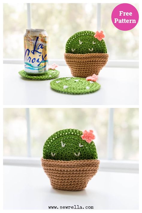 10+ Coasters and Holder Set Crochet Patterns Coasters Free Pattern, Cactus Coasters, Crochet Coaster Set, Crochet Gift Ideas, Crochet Coasters Free Pattern, Crochet Jewlery, Cat Coasters, Crochet Coaster, Coaster Holder