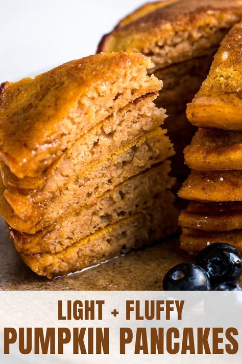 These amazing pumpkin pancakes are light, fluffy, and full of pumpkin flavor. Top them with maple syrup and a dash of cinnamon, and you've got yourself an amazing breakfast for those chilly fall and winter days. This pumpkin pancake recipe is easy to make and a guaranteed crowd pleasing breakfast! Pumpkin Pancakes Recipe, Fluffy Pumpkin Pancakes, Pumpkin Pancake, Pumpkin Creme Brulee, Apple Cinnamon Pancakes, Easy Pumpkin Dessert, Peanut Butter Pancakes, Winter Breakfast, Pumpkin Pancake Recipe