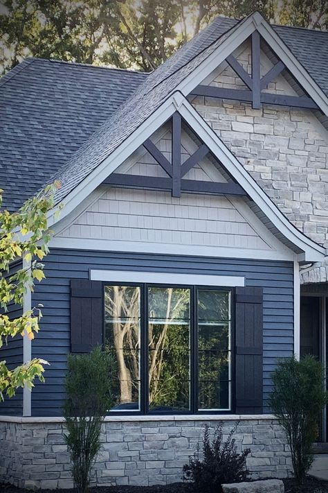 Exterior Home Decor On Siding, Blue Stone House, Exterior House Details, Blue And Black Exterior House, Craftsman Style Shutters Exterior, Blue House With Stone Accent, House Exteriors With Stone And Siding, Blue Home Exterior With Stone, Blue House Blue Trim