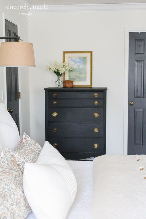 cozy bedroom Dark Gray Nightstand Bedroom, Mix And Match Nightstands, Dreamy Apartment, Black Dresser, Dove White, Interior Design Minimalist, Spring Bedroom, Warm Interior, Casa Vintage