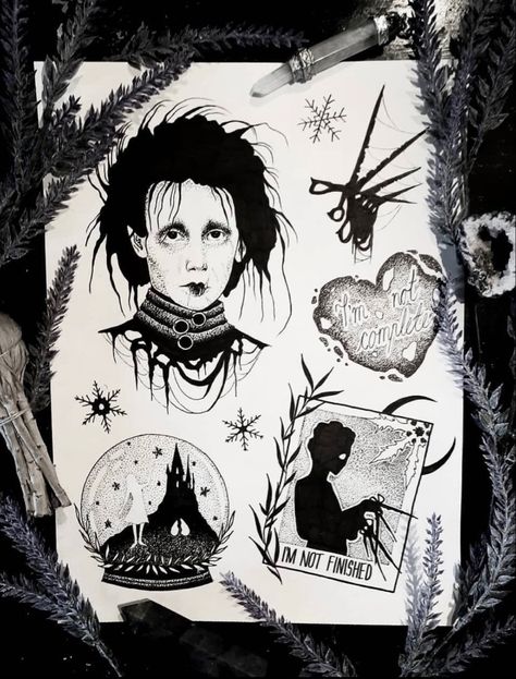 Scissorhands Tattoo, Tattoo Ideas Stencil, Edward Scissorhands Tattoo, Wrist Tattoo Designs, Wonderland Tattoo, Cowgirl Art, Horror Tattoo, Edward Scissorhands, Next Tattoo