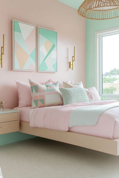 Pastel colors have this magical way of transforming even the most ordinary spaces into serene retreats that feel straight out of a dream. Teen Girl Bedroom Colors, Blue And Pink Aesthetic Room, Girls Bedroom Color Ideas, Girl Bedroom Colors, Bedroom Inspirations Pastel, Blue And Pink Room Aesthetic, Girls Pastel Bedroom Ideas, Peach And Teal Bedroom, Modern Pastel Bedroom