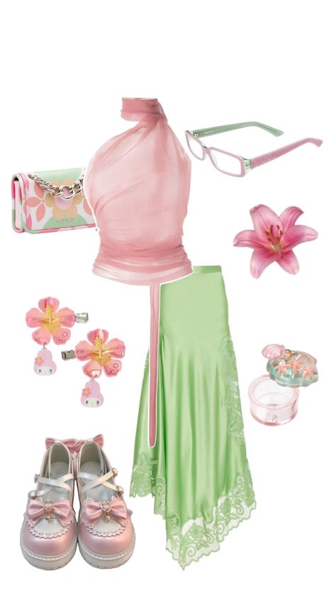 Green Girl Outfit, Sanrio Earrings, Green Glasses, Pink Glasses, Mermaid Outfit, Cute Purse, Green Girl, Bow Ribbon, Quick Outfits