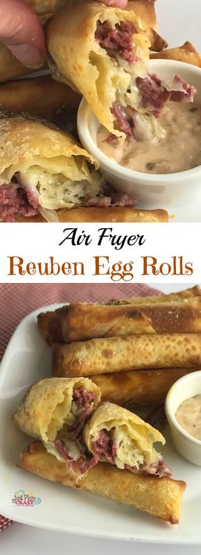 Air Fryer Reuben Egg Rolls recipe for St. Patrick's Day is filled with Corned Beef, Melted Swiss Cheese, Sauerkraut and dipped in 1000 Island dressing. Reuben Egg Rolls, 1000 Island Dressing, 1000 Island, Telur Gulung, Egg Rolls Recipe, Cooks Air Fryer, Air Fried Food, Air Fryer Oven Recipes, Air Fry Recipes