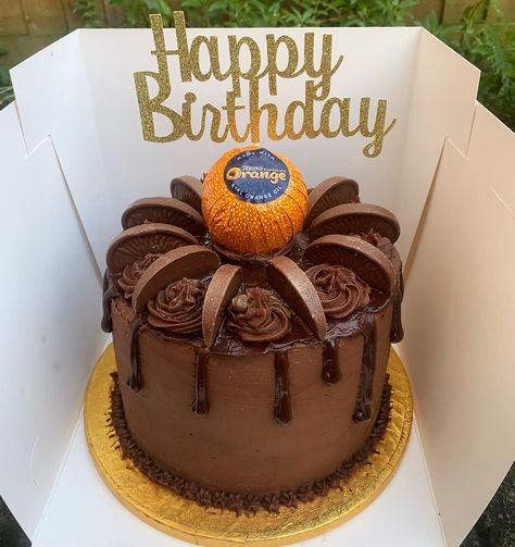 Chocolate Orange Drip Cake, Chocolate Orange Cake Decoration, 70th Birthday Cake Chocolate, Chocolate Orange Birthday Cake, Happy Birthday Mum Cakes, Orange Cake Decoration, Chocolate And Biscoff Birthday Cake, Homemade 50th Birthday Cake, Terrys Chocolate Orange Cake