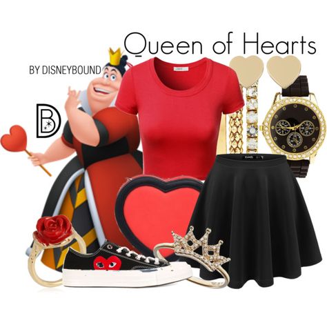 Queen of Hearts by leslieakay on Polyvore featuring J.TOMSON, Play Comme des GarÃ§ons, 3AM Imports, Charlotte Russe, LeiVanKash, Kate Spade, disney, disneybound and disneycharacter Queen Of Hearts Outfit, Hearts Outfit, Alice In Wonderland Outfit, Disney Character Outfits, Disney Bound Outfits Casual, Disney Themed Outfits, Cute Disney Outfits, The Queen Of Hearts, Disney Inspired Fashion