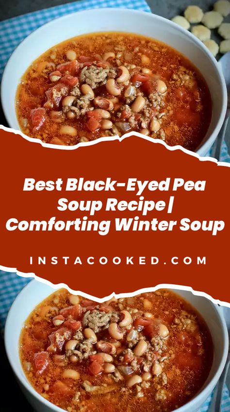 A bowl of hearty Black-Eyed Pea Soup, featuring a rich blend of pork sausage, ground beef, and a variety of spices. The soup, with chunks of tomatoes and green chilies, is served steaming hot, ideal for a comforting winter meal. A side of cornbread complements the dish perfectly. Black Eyed Pea Soup With Sausage, Blackeyed Pea Soup, Black Eye Pea Soup, Black Eyed Pea Soup, Blackeyed Peas, Pea Soup Recipe, Canned Green Chilies, Black Eyed Pea, Winter Soup