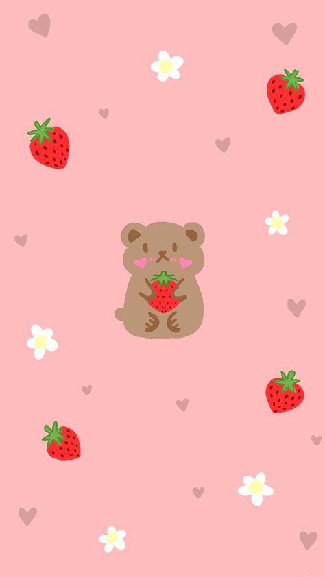 Strawberry Bear Wallpaper, Strawberry Phone Wallpaper, Strawberries Aesthetic, Strawberry Background, Pink Strawberries, Wallpaper Aesthetics, Galaxy Wallpaper Iphone, Strawberry Bear, Patterns Wallpaper