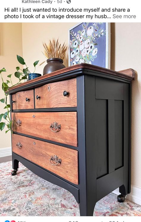 Black And Oak Furniture, Repainting Dresser Ideas Color Combos, Black And Stained Dresser, Black Painted Furniture Ideas, Painted Dresser With Wood Top, Painted Black Furniture, Black Vintage Dresser, Black And Wood Dresser, Black Painted Dresser