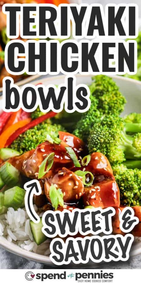 This quick and easy recipe makes the best teriyaki chicken bowl that comes together in just 30 minutes or less! Juicy chunks of chicken are stir fried in a sweet and savory homemade teriyaki sauce, with tender-crisp broccoli florets served over cooked rice. Alter as you see fit by adding other vegetables or pineapple, and garnish as desired with chopped fresh cilantro, toasted sesame seeds, or fried noodles. #spendwithpennies Teriyaki Chicken With Rotisserie Chicken, Different Stir Fry Recipes, Teriyaki Chicken Casserole Recipe, Sticky Chicken Rice Bowl, Chicken And Rice Stir Fry Recipes, Healthy Chicken Bowl Recipes, Terriaki Chicken Recipe Dinners, Nutritious Bowls, Chx Recipes