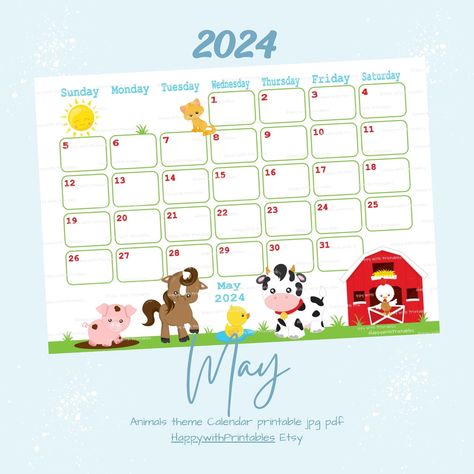 May Calendar printable - 2024 May Planner - Calendar May Planner - ANIMALS theme Planner - Farm calendar Download monthly - pdf - jpg Farm Calendar, May Calendar Printable, May Planner, May Calendar, Sunday To Saturday, Calendar May, 2024 Planner, Calendar Download, Cute Calendar