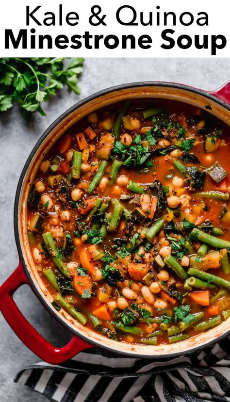 Healthy Kale and Quinoa Minestrone Soup Recipe - a soup you can feel great about eating and serving, plus this hearty soup is amazingly filling. It's jam packed with nutritious ingredients like quinoa, two types of lentils and an overload of vegetables! #healthy #minestrone #quinoa #kale #soup #recipe #lunch #dinnerrecipe Healthy Soup Recipe, Kale And Quinoa, Quinoa Soup, Minestrone Soup Recipe, Quinoa Healthy, Minestrone Soup, Cabbage Soup, Cooking Classy, Cannellini Beans