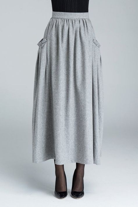 pocket skirt, wool skirt, maxi skirt, light grey skirt, womens skirts, winter skirt, fitted waisted skirt, pleated skirt, mod clothing 1624 Light Grey Skirt, Clothing Construction, Wool Maxi Skirt, Skirts Winter, Mod Clothing, Skirt Wool, Pocket Skirt, Grey Skirt, Womens Skirts