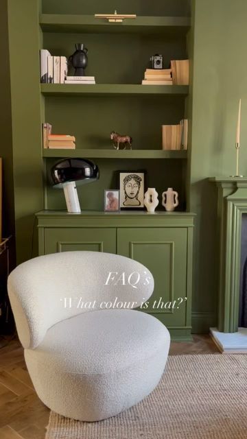 Jess Hurrell on Instagram: "FAQ’s - What colour is that? This has got to be the room I get asked about the most in terms of paint colour. And the answer is Olive Colour by @littlegreenepaintcompany 🫒 I love it so much we’ve just painted our front door the same colour. . . . #olive #lounge #loungedecor #livingroomdecor #livingroom #livingroominspo #livingroomideas #livingroomdesign #interiordesign #interiør #interiorstyling #interiordecor #interior4all #interiorinspo" Little Greene Olive Colour, Green And Gold Lounge, Olive Green Living Room, Colour 2023, Olive Lounge, Serene Living Room, Room Schemes, Green Walls Living Room, Kitchen Colours