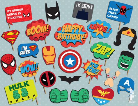 Printable Super Hero Party Photo Booth Props by FiestaSupplies Marvel Party Decorations, Photo Booth Props Free Printables, Superhero Photo Booth, Superhero Theme Birthday Party, Spider Man Hat, Retirement Reception, Chemo Party, Photo Booth Props Free, Photo Booth Printables