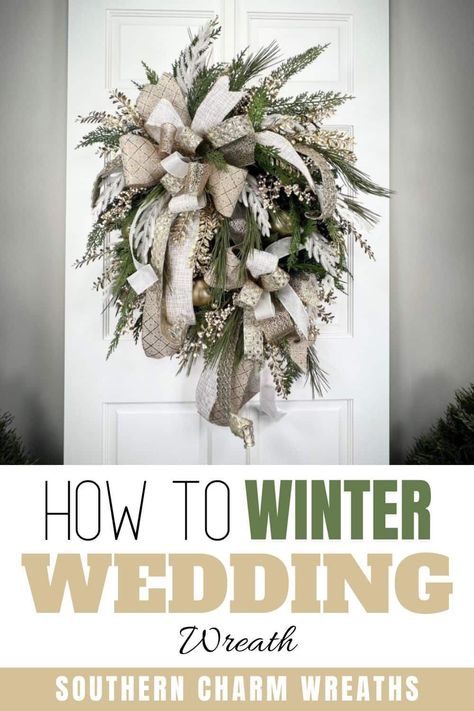 Learn how to make this glamorous winter wedding wreath with luxurious silk ribbons, white silk flowers, and glittery champagne detailing. Wreath Making Business, Diy Winter Wedding, Champagne Christmas, Dyi Wedding, Silk Wreaths, Diy Winter, Wedding Wreath, Faux Flower Arrangements, Wreath Maker