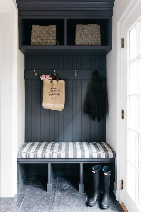 Black Built in Mudroom Bench with Black Beadboard Trim - Transitional - Laundry Room Black Beadboard Backsplash, Laundry Room Ideas Farmhouse, Beadboard Mudroom, Shelves Laundry Room, Black Beadboard, Beadboard Trim, Room Ideas Farmhouse, Transitional Laundry Room, Small Laundry Room Ideas