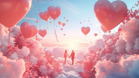 Midjourney AI Image: A dreamy Valentine's Day backdrop featuring heart-shaped balloons floating in the sky, creating an e... → more in ai-img-gen.com Floating In The Sky, Pink Landscape, Romantic Background, Couples Walking, Fluffy Clouds, Pink Heart, Pattern Wallpaper, The Sky, Of Love