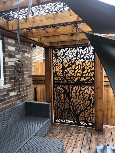 Art Deco Panel, Fireplace Patio, Deco Panel, Metal Deck, Bamboo Panels, Patio Privacy, Privacy Walls, Backyard Remodel, Privacy Screen Outdoor