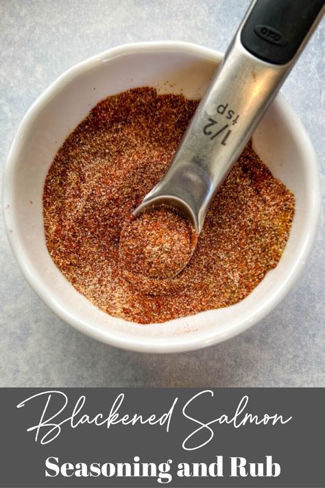 This Blackened Fish and Salmon Seasoning is a flavorful mixture of herbs and spices. The rub includes a combination of smoked paprika, thyme, oregano, garlic powder, onion powder, cayenne pepper, salt, and black pepper. Apply this blend to create a crispy, spicy crust on the outside of the fish while keeping the inside tender and moist. Salmon Rub, Blackened Fish, Blacken Fish, Salmon Spices, Blackened Seasoning, Blackened Salmon, Burnt Food, Salmon Seasoning, Pepper Salt