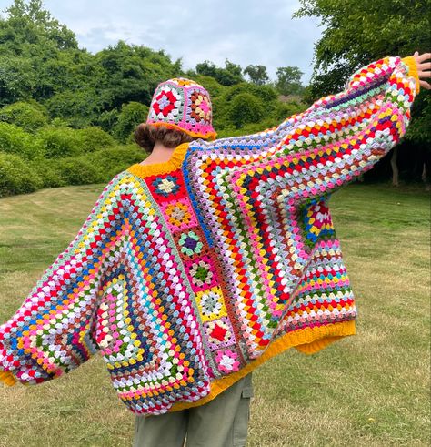 Crochet Granny Hexi Cardigan, Crazy Cardigan, Crazy Sweater, Hexagon Cardigan Crochet, Granny Cardigan, Hexagon Cardigan, Scrap Yarn Crochet, Rainbow Cardigan, Crochet Festival