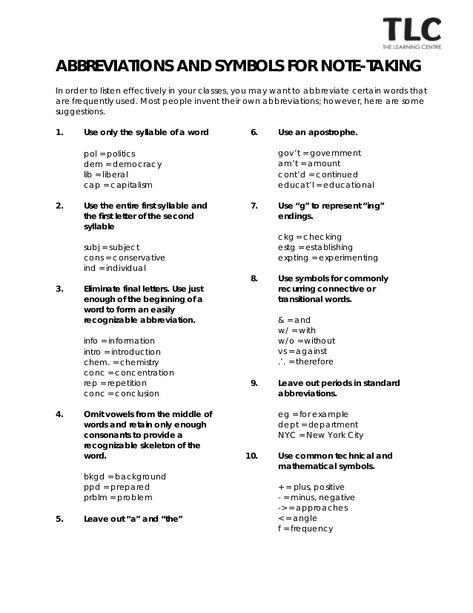 ABBREVIATIONS AND SYMBOLS FOR NOTE-TAKING   In order to listen effectively in your classes, you may want to abbreviate cert... Note Taking Symbols, Abbreviations For Note Taking, Note Abbreviations, Sped Organization, Gregg Shorthand, College Printables, Organization Notes, College Guide, Note Taking Tips