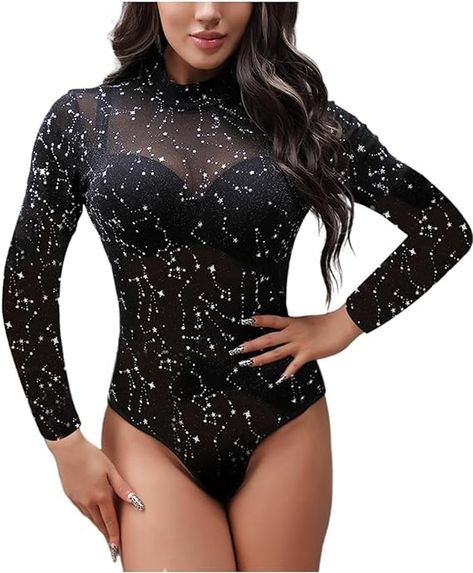 UEOIOW Women Long Sleeve Slimming Bling Glitter Bodysuit Shirts Black S at Amazon Women’s Clothing store Club Romper, Glitter Bodysuit, Leotard Tops, Long Sleeve Leotard, High Heels Boots, Fashion Skirts, Mesh Tops, Bodysuit Designs, Bodysuit Top