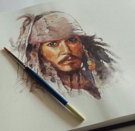 Jack sparrow Jack Sparrow Drawing, Johnny Depp Characters, Watercolor Tips, Captain Jack Sparrow, Drawing Pencil, Jack Sparrow, Water Painting, Watercolor Portraits, Pirates Of The Caribbean