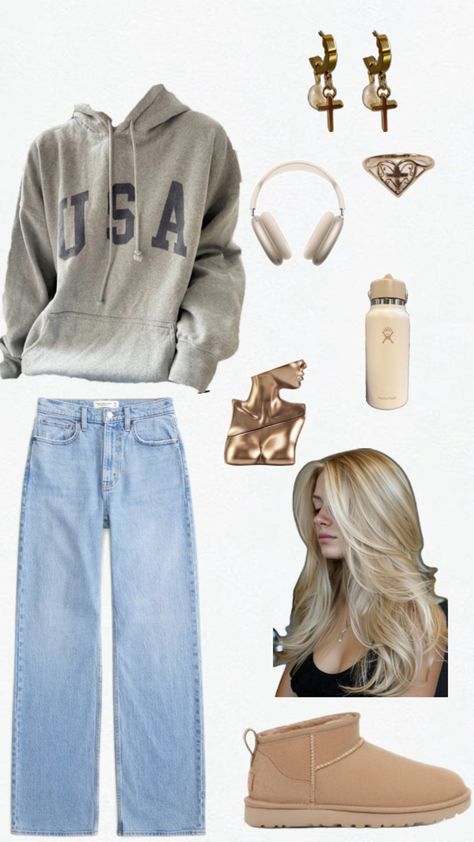 brandy melville, brandy outfit, blue jeans, ugg outfit, mini uggs, blonde, blowout, hydroflask, headphones, cross, gold jewelery, cross earrings, eilish perfume, jeans, comfy outfit, basic outfit, vanilla girl, clean girl, hoodie, usa hoodie, brandy, autumn outfit, fall outfit Jeans Comfy Outfit, Ugg Mini Outfit, Blonde Blowout, Outfit Blue Jeans, Eilish Perfume, Mini Uggs Outfit, Brandy Outfit, Mini Uggs, Outfit Basic