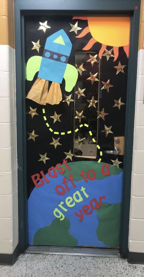 New year door 2019 #preschool #spacetheme Outer Space Classroom, Space Bulletin Boards, Space Theme Classroom, Preschool Door, Space Classroom, Preschool Decor, School Door Decorations, Classroom Doors, Theme Activities