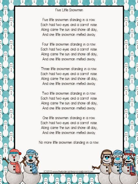 5 Little Snowmen Poem, 5 Little Snowmen Song, 5 Little Snowmen, Five Little Snowmen, December Poems, January Kindergarten, Snowmen At Night, Counting Songs, Snowmen Crafts