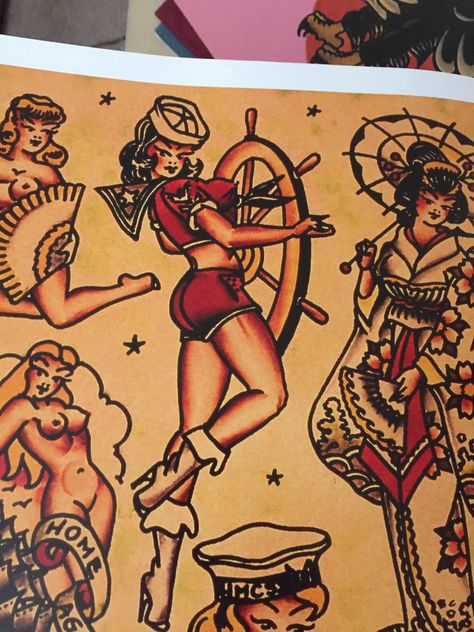 Sailor Jerry Navy Tattoos, Sailor Jerry Pinup Tattoo, Navy Pin Up Girl Tattoo, Sailor Pinup Tattoo, Sailor Traditional Tattoo, Sailor Jerry Woman, Traditional Pirate Girl Tattoo, Pin Up Tattoos Traditional, Sailor Jerry Pin Up Girl