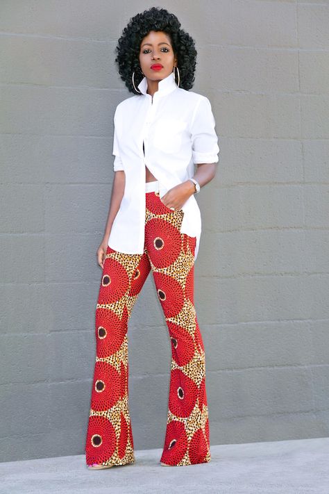 Oversized Button Down Shirt + Ankara Print Pants. Try this gorgeous retro look for your senior pictures! // Style Pantry African Wear For Ladies, Ankara Pants, Ankara Trousers, Style Pantry, Ladies Pants, Oversized Button Down Shirt, African Clothes, Ankara Print, Print Pants