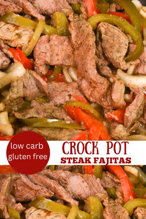 Crock Pot Steak Fajitas - Lauren Kelly Nutrition Steak Strip Crockpot, Keto Steak Fajitas Low Carb, Keto Pepper Steak Crock Pot, Low Carb Pepper Steak Crock Pot, Keto Steak Crockpot Recipes, Keto Beef Steak Recipes, Keto Crockpot Pepper Steak, Low Carb Crockpot Meals Beef, Crockpot Beef Fajitas Slow Cooker