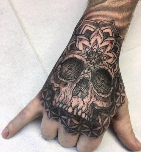 Skull with mandala hand tattoo - 60 Eye-Catching Tattoos on Hand Mandala Foot Tattoo, Back Of Hand Tattoos, Thing Tattoo, Geometric Tattoo Hand, Tattoos On Hand, Tiger Hand Tattoo, Herren Hand Tattoos, Mandala Hand Tattoos, Skull Hand Tattoo