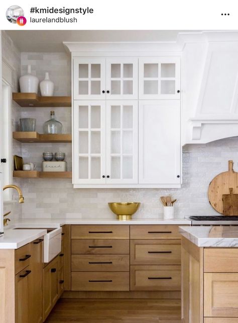 The cabinet mix + the cloe tile from Bedrosin Tile = winner!!! White Tile Kitchen Backsplash, Cabinet Trends, Top Kitchen Trends, Curved Kitchen, White Oak Kitchen, Kitchen Cabinet Trends, Marble Countertops Kitchen, Oak Kitchen Cabinets, Rustic Modern Kitchen