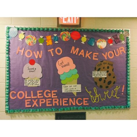 How to Make Your College Experience Sweet Bulletin Board (sweets theme?) Dorm Bulletin Boards, Res Life Bulletin Boards, Resident Assistant Bulletin Boards, Door Decorations College, Creative Bulletin Boards, Dorm Themes, Welcome Bulletin Boards, College Bulletin Boards, Ra Themes