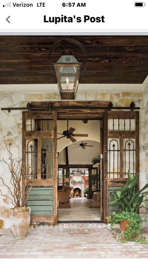 Porch Sliding Doors, Blue Front Doors, Porte In Ferro, Blue Front Door, Reclaimed Wood Beams, Antique Brick, Antique Lanterns, Casa Country, Stucco Exterior