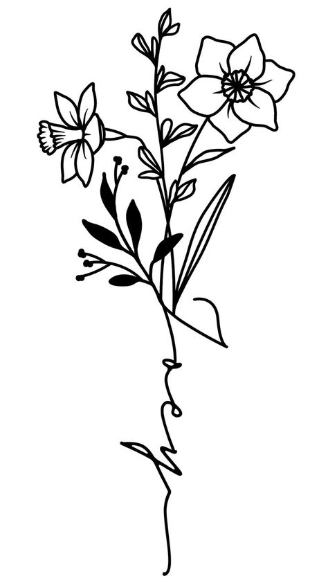 Name Stem Tattoo, Bouquet Tattoo Design, Tattoo Design Flower, Stem Tattoo, Name Flower Tattoo, Tattoo Design For Women, 7 Tattoo, Name Flower, Bouquet Tattoo