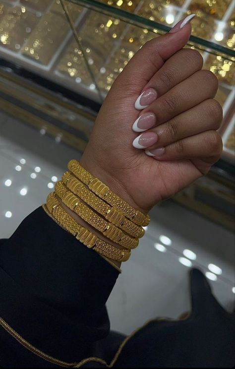 Thick Gold Bangles, Frenchie Nails, Almond French Tips, Gold Inspo, Dubai Gold Bangles, Dubai Gold Jewelry, Unique Gold Jewelry Designs, Arabic Jewelry, Gold Jewellry