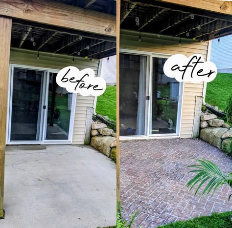 Faux Brick Patio, Brick Stencils, Laying Brick, Brick Stencil, Herringbone Brick, Painted Porch, Paint Concrete Patio, Brick Porch, Concrete Patio Makeover