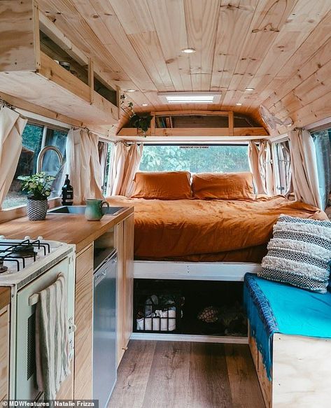 Family convert their mini bus to enjoy ‘slow’ off-grid life #minibus #tinyhome Astuces Camping-car, Small Camper, Home Designs Exterior, Bus Living, Kombi Home, Bus House, Van Life Diy, Campervan Interior, Camper Makeover