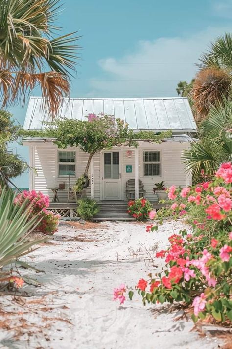 Summer Beach House Aesthetic, Hawaii Room, Seaside Gardens, Beach House Porch, Caribbean Architecture, Colorful Beach House, Stilt Home, Beach Pastel, Tiny Beach House