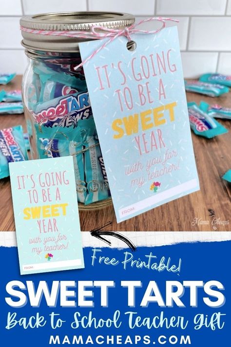 Perfect (SWEET) gift to put together for teachers for the first day of school! We picked up some Sweet Tarts candy at the dollar store and placed it in a pint-sized mason jar. Print our free printable gift tags that say "It's Going to Be a SWEET Year with You As My Teacher!" for the perfect final touch. Kick off the new year on a great note with this fun, easy and budget-friendly teacher gift idea. #teacher #gift #mamacheaps #printable #backtoschool Teacher Back To School Gifts, Easy Teacher Gifts, Teacher Gift Printables, Teacher Gift Ideas, Teacher Gift Tags, Cute Teacher Gifts, Free Printable Tags, Free Printable Gifts, Printable Gift Cards